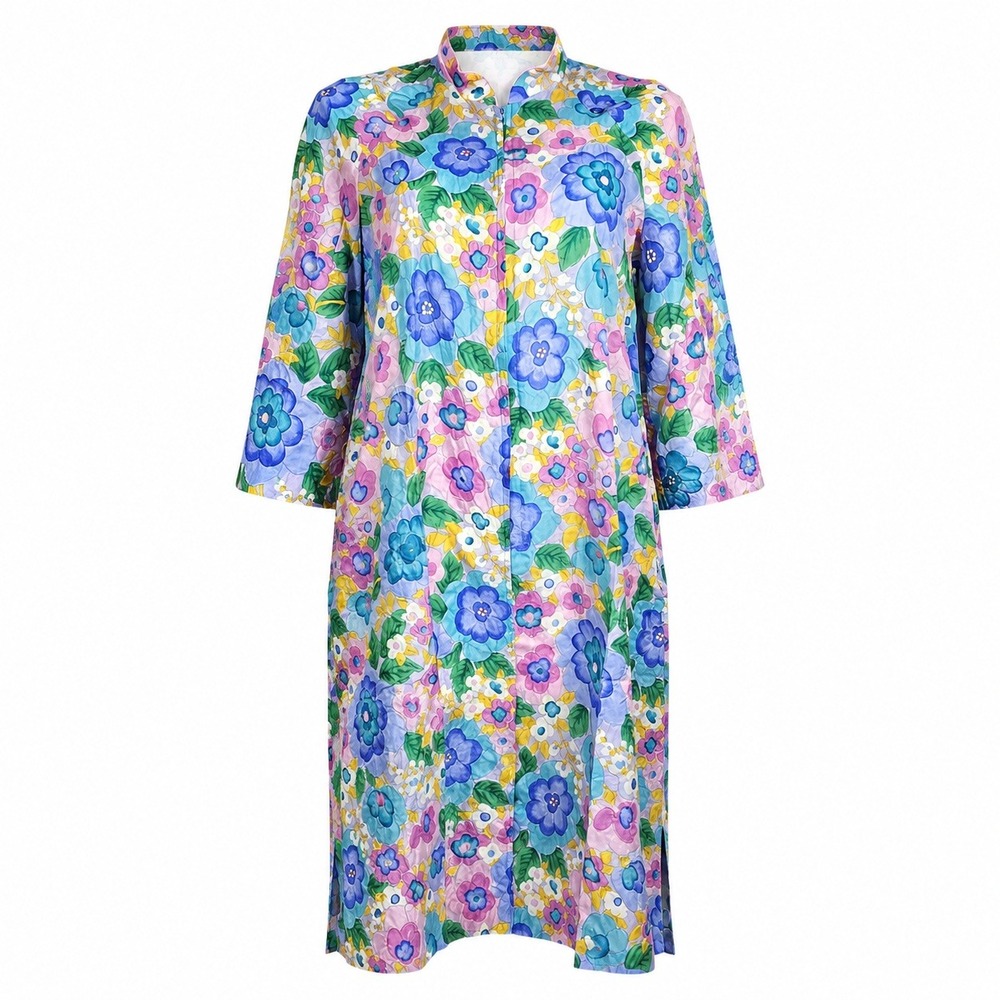 Vintage 60s Kassatly Palm Beach Quilted‎ Floral Robe Zipper Housecoat Blue Pink